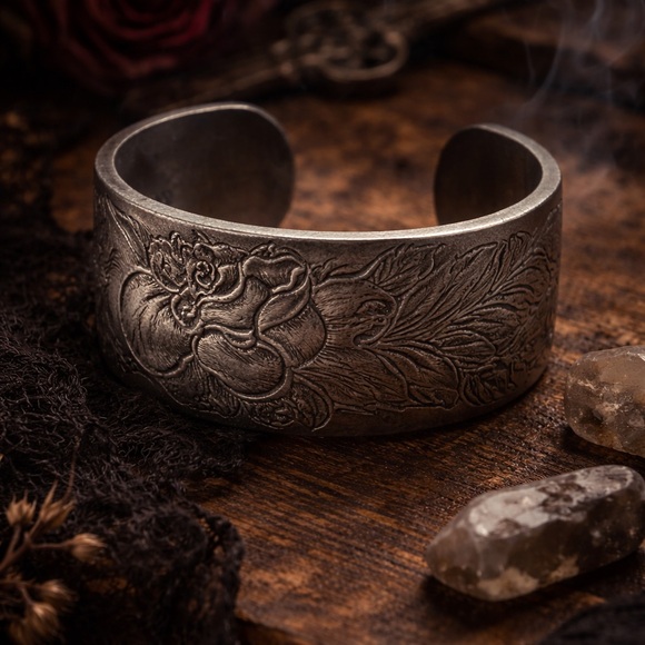 Salisbury Pewter Jewelry - Vintage Pewter Cuff Bracelet Salisbury Wide Floral Phoenix Boho Statement